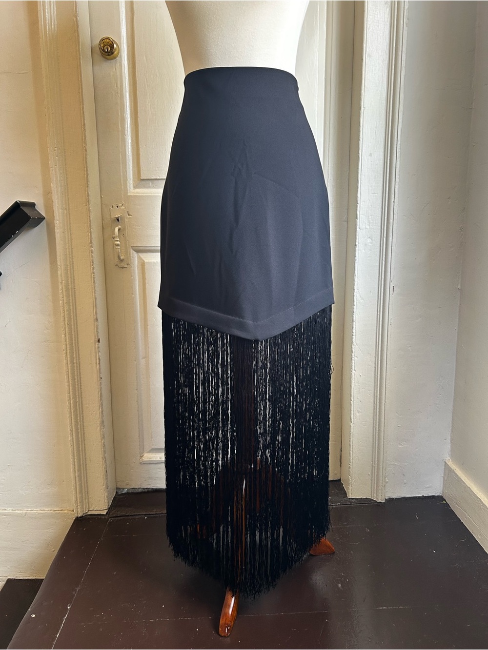 NOMIA Black Fringe Mini Skirt Structured Crepe Statement Size 8 Made in USA